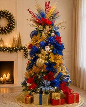 Cargar imagen en el visor de la galería, Arbolito Navideño en Renta – Estilo Royal Blue &amp; Gold Santa Fireplace Opulence
